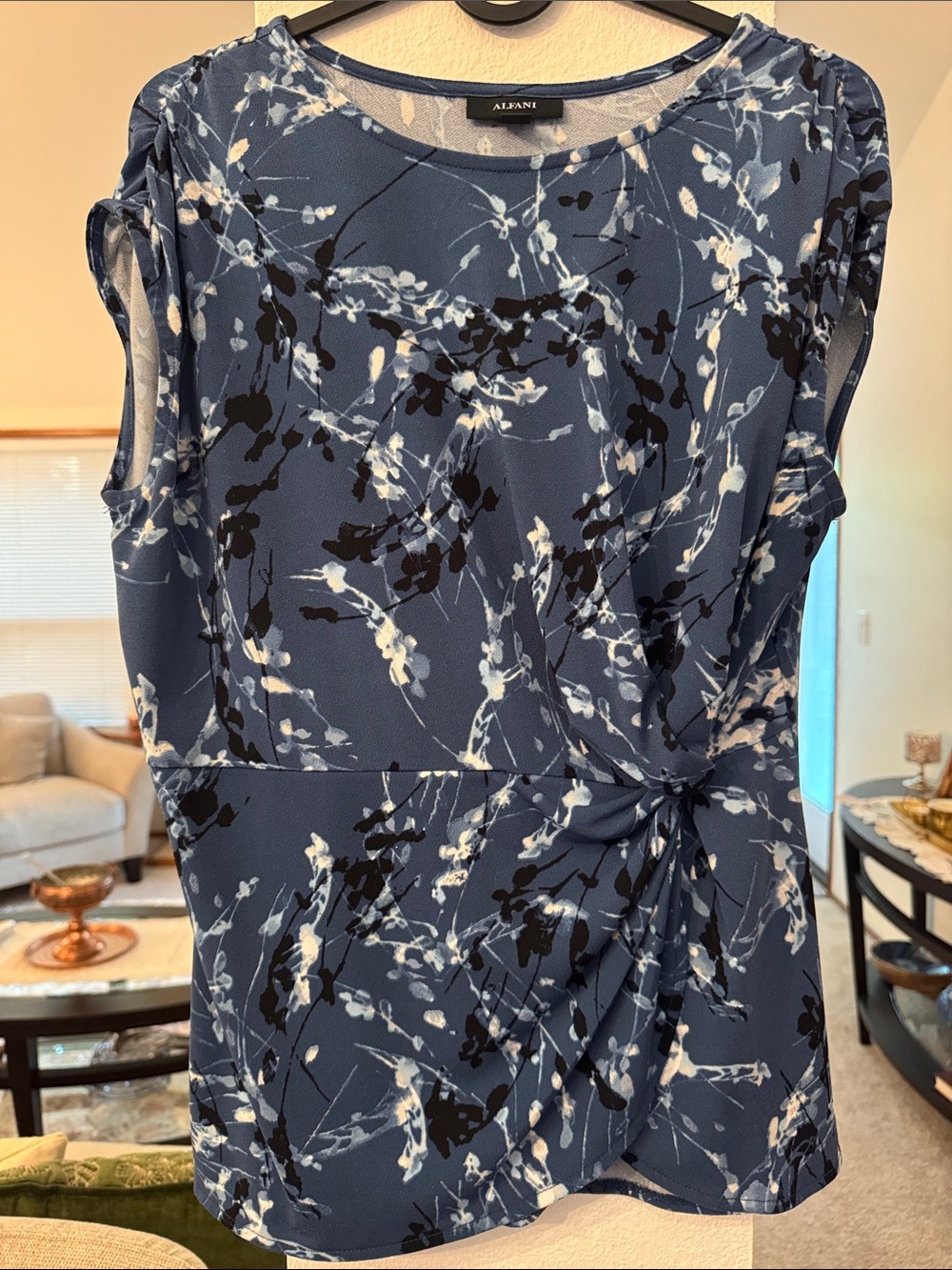 Alfani Navy Blue Floral Twist-Waist Sleeveless Blouse